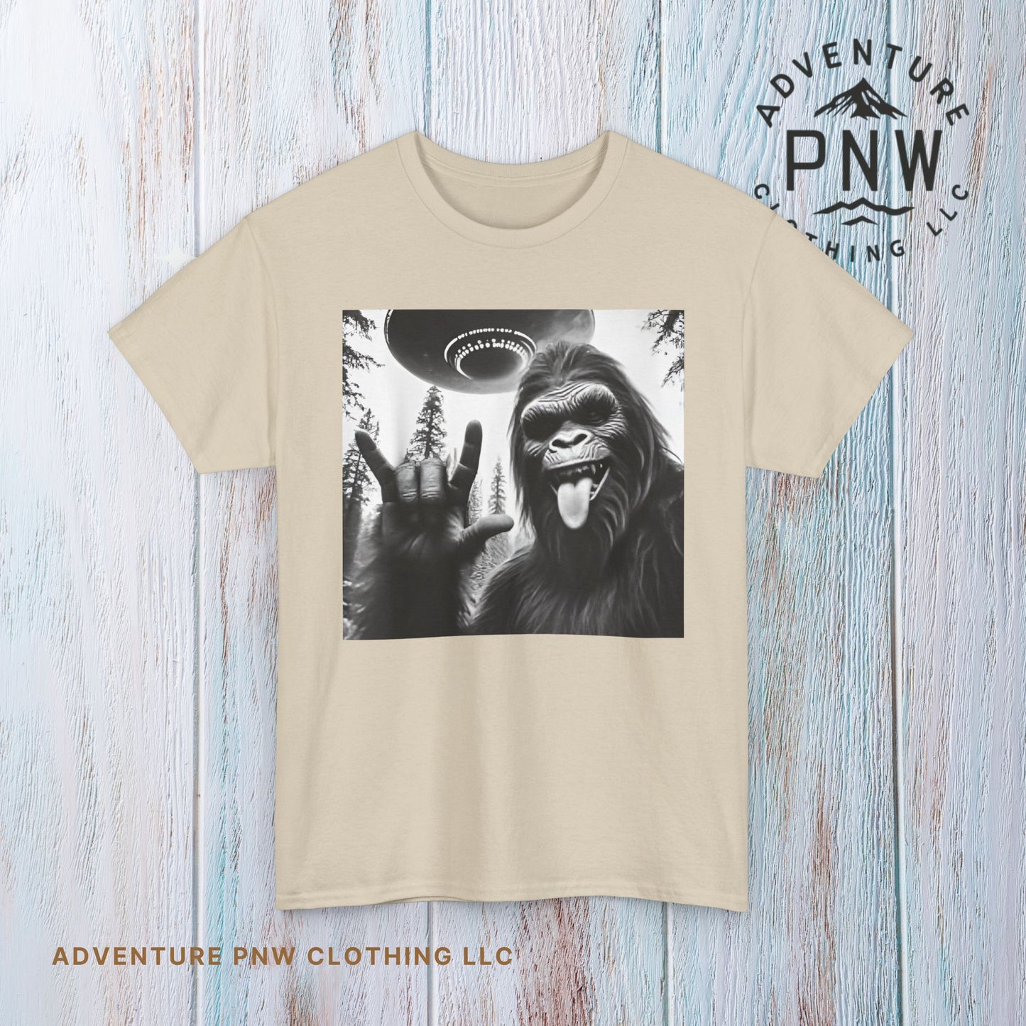 Bigfoot UFO Selfie Unisex Tee, Funny Sasquatch Valentines Day Shirt, Hilarious Outdoor Gift for Him, Her, Rock On T-Shirt, Unisex Heavy