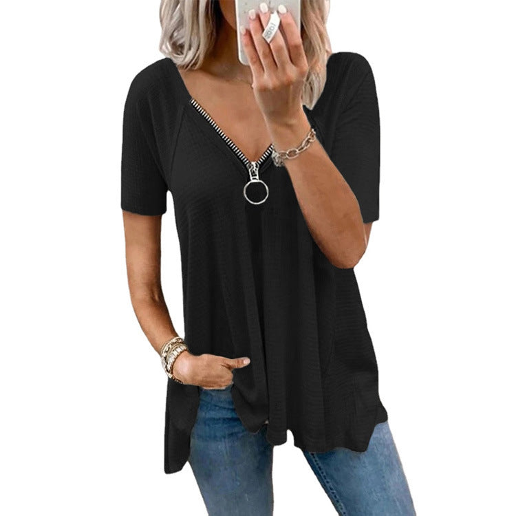 Women's Tops Women's Short Sleeves Casual T-Shirts V-Neck Zipper Loose