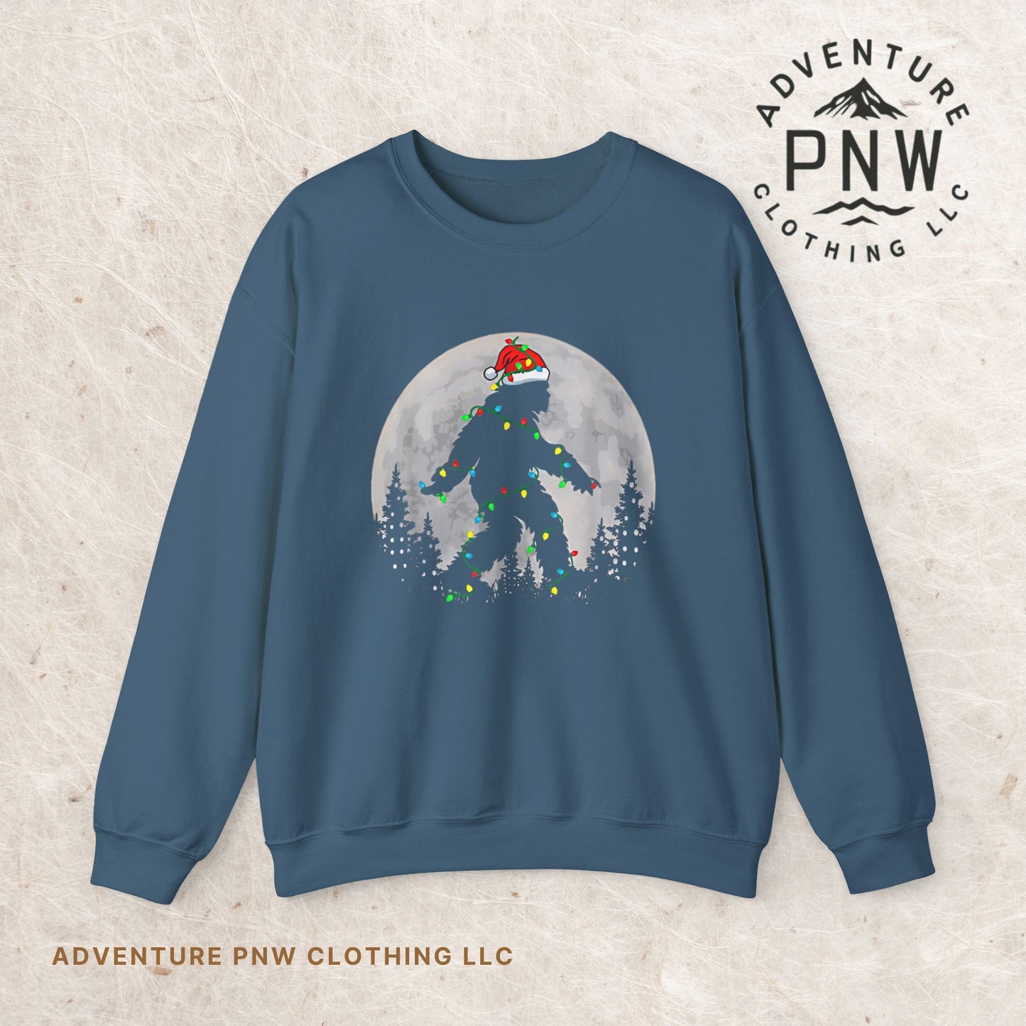 Bigfoot Santa Christmas Tree Lights Sweatshirt, Xmas Sasquatch Jumper, Funny Unisex Holiday Pullover, Novelty Winter Gift, Ugly Sweater