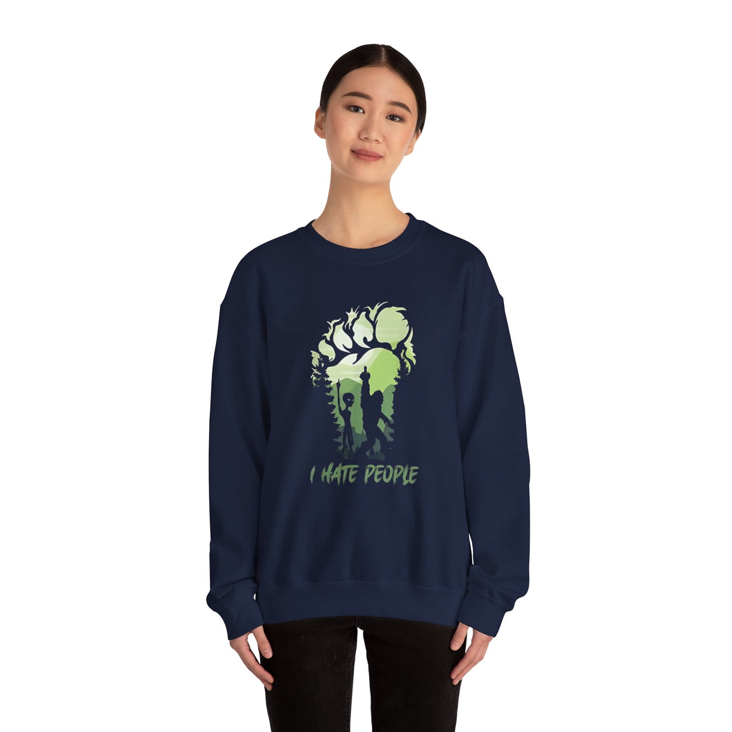 Funny Bigfoot Sasquatch Alien Unisex Sweatshirt, I Hate People Design, Men Women Gift, Crewneck Jumper, Outdoor Adventure Apparel, Humorous