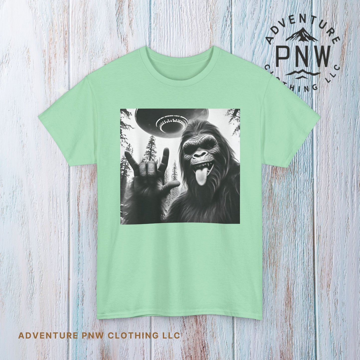 Bigfoot UFO Selfie Unisex Tee, Funny Sasquatch Valentines Day Shirt, Hilarious Outdoor Gift for Him, Her, Rock On T-Shirt, Unisex Heavy