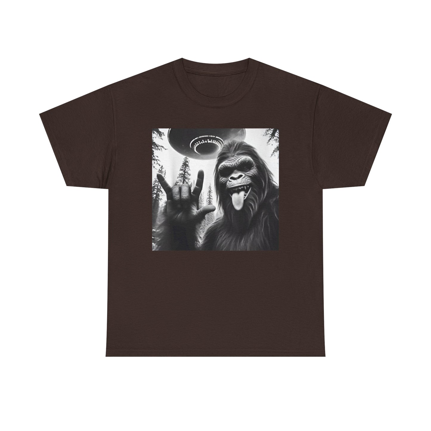 Bigfoot UFO Selfie Unisex Tee, Funny Sasquatch Valentines Day Shirt, Hilarious Outdoor Gift for Him, Her, Rock On T-Shirt, Unisex Heavy