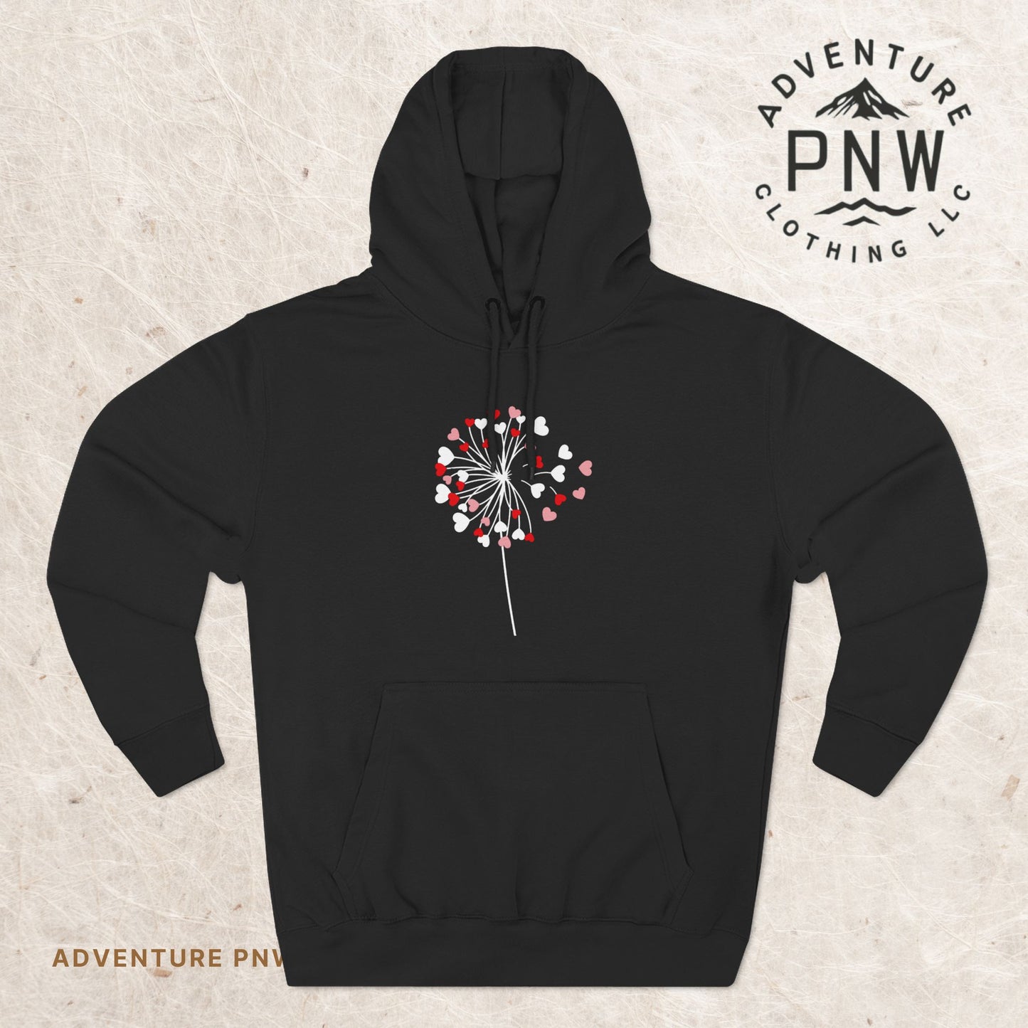 Dandelion Heart Three-Panel Fleece Hoodie, Valentine Wildflower Sweatshirt, Lovers Hoodie Gift, Romantic Dandelion Hoodie, Valentines Day
