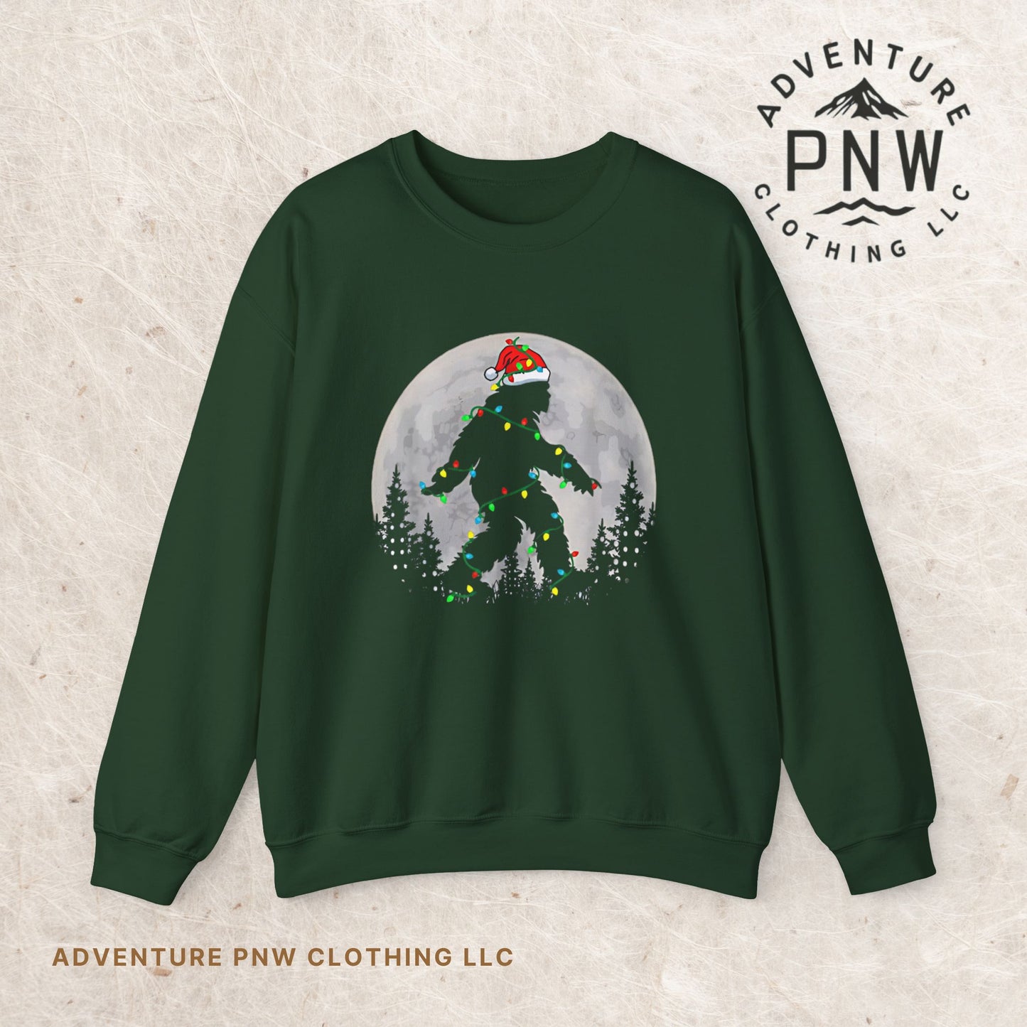 Bigfoot Santa Christmas Tree Lights Sweatshirt, Xmas Sasquatch Jumper, Funny Unisex Holiday Pullover, Novelty Winter Gift, Ugly Sweater