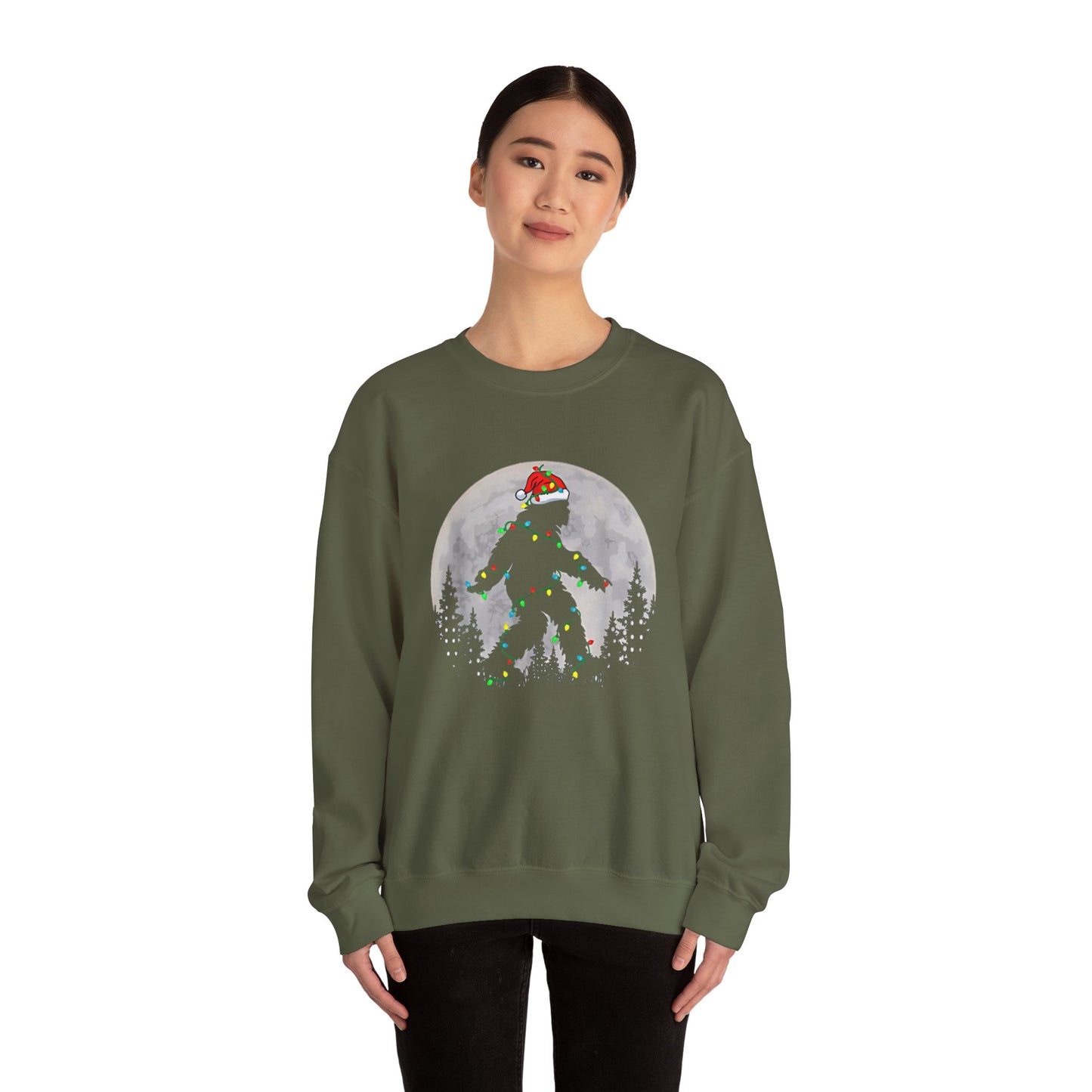 Bigfoot Santa Christmas Tree Lights Sweatshirt, Xmas Sasquatch Jumper, Funny Unisex Holiday Pullover, Novelty Winter Gift, Ugly Sweater