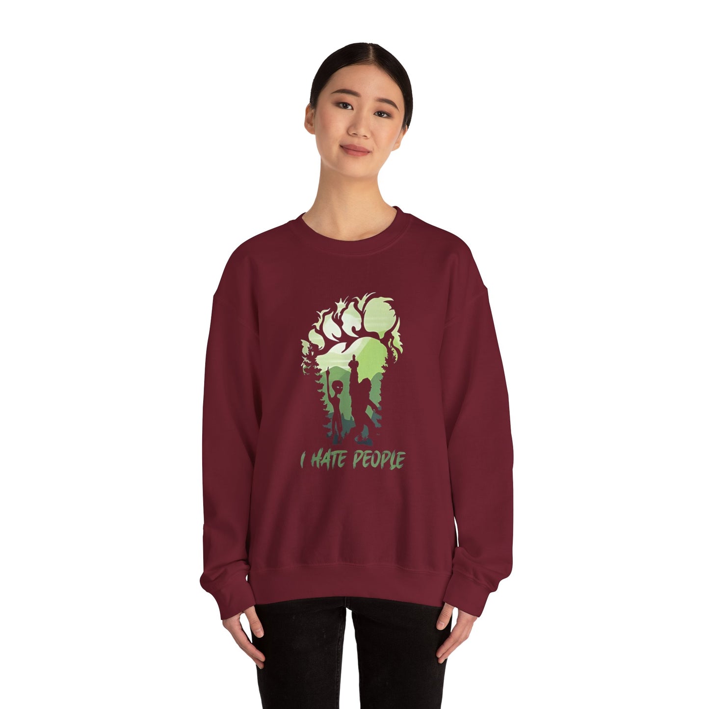 Funny Bigfoot Sasquatch Alien Unisex Sweatshirt, I Hate People Design, Men Women Gift, Crewneck Jumper, Outdoor Adventure Apparel, Humorous
