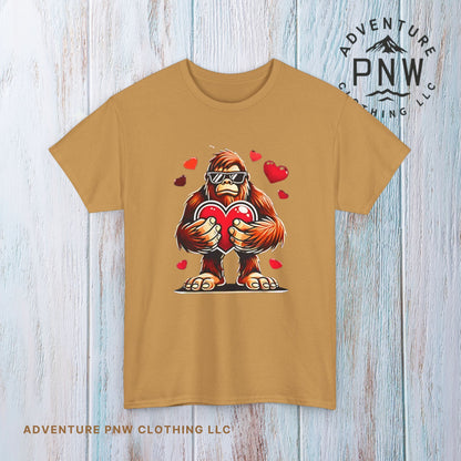 Bigfoot Heart Sunglasses T-Shirt, Funny Sasquatch Shirt, Valentines Day Tee, Unisex Cotton Top, Gift for Boys