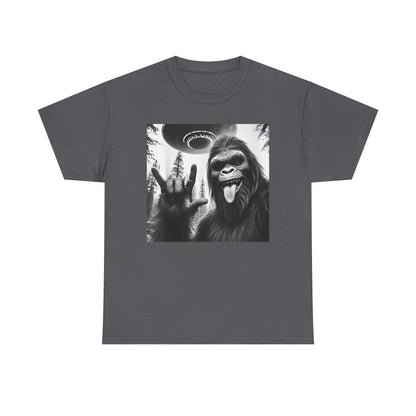 Bigfoot UFO Selfie Unisex Tee, Funny Sasquatch Valentines Day Shirt, Hilarious Outdoor Gift for Him, Her, Rock On T-Shirt, Unisex Heavy