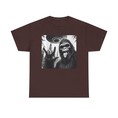Bigfoot UFO Selfie Unisex Tee, Funny Sasquatch Valentines Day Shirt, Hilarious Outdoor Gift for Him, Her, Rock On T-Shirt, Unisex Heavy