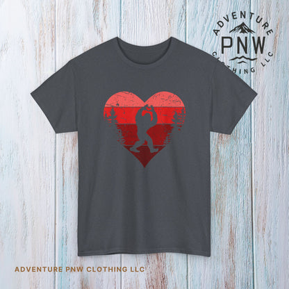 Retro Valentines Day Bigfoot T-Shirt, Sasquatch Love with Heart Hand Gesture, Funny Romantic Gift for Him or Her, Valentines Day Apparel,