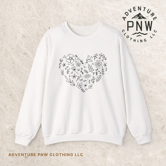 Floral Heart Sweatshirt, Boho Flower Heart Design Sweatshirt, Cute Nature Lover Sweatshirt, Botanical T-Shirt, Valentine's Day Gift for Her