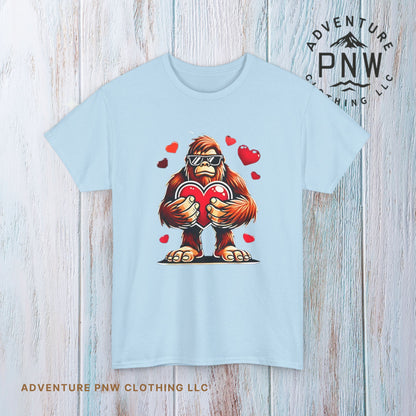 Bigfoot Heart Sunglasses T-Shirt, Funny Sasquatch Shirt, Valentines Day Tee, Unisex Cotton Top, Gift for Boys