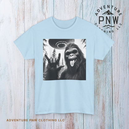 Bigfoot UFO Selfie Unisex Tee, Funny Sasquatch Valentines Day Shirt, Hilarious Outdoor Gift for Him, Her, Rock On T-Shirt, Unisex Heavy