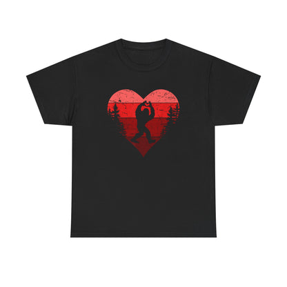 Retro Valentines Day Bigfoot T-Shirt, Sasquatch Love with Heart Hand Gesture, Funny Romantic Gift for Him or Her, Valentines Day Apparel,