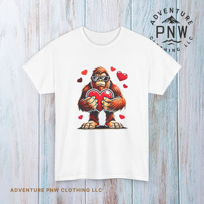 Bigfoot Heart Sunglasses T-Shirt, Funny Sasquatch Shirt, Valentines Day Tee, Unisex Cotton Top, Gift for Boys