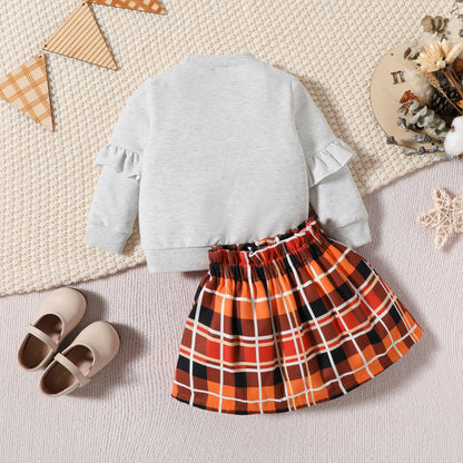 Children's Clothing Thanksgiving Letter Plaid Printed Sweater Dress Two-piece Set