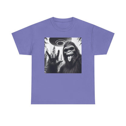 Bigfoot UFO Selfie Unisex Tee, Funny Sasquatch Valentines Day Shirt, Hilarious Outdoor Gift for Him, Her, Rock On T-Shirt, Unisex Heavy