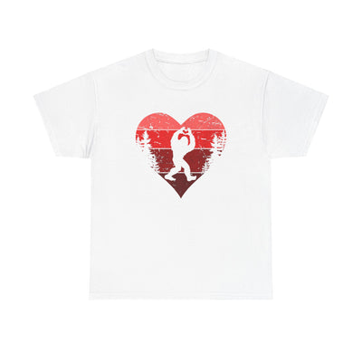Retro Valentines Day Bigfoot T-Shirt, Sasquatch Love with Heart Hand Gesture, Funny Romantic Gift for Him or Her, Valentines Day Apparel,