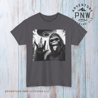 Bigfoot UFO Selfie Unisex Tee, Funny Sasquatch Valentines Day Shirt, Hilarious Outdoor Gift for Him, Her, Rock On T-Shirt, Unisex Heavy