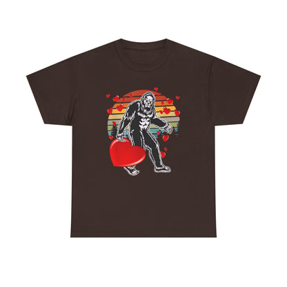 Bigfoot With Heart Unisex Tee, Sasquatch Valentine Gift Shirt, Valentines Day Apparel, Cryptid Lover T-Shirt, Mythical Creature Top