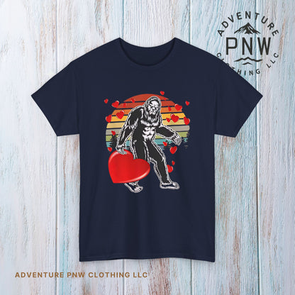 Bigfoot With Heart Unisex Tee, Sasquatch Valentine Gift Shirt, Valentines Day Apparel, Cryptid Lover T-Shirt, Mythical Creature Top
