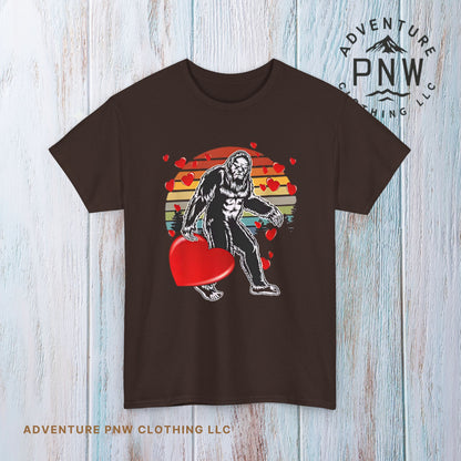 Bigfoot With Heart Unisex Tee, Sasquatch Valentine Gift Shirt, Valentines Day Apparel, Cryptid Lover T-Shirt, Mythical Creature Top