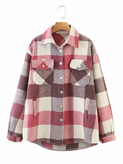 Casual Plaid Shirt Women Tweed Coat Buttons Pockets Female Jacket