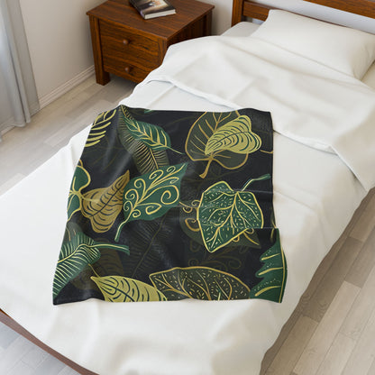 Velveteen Blanket, Unique Nature with Leaves, Plant Lover Gift, Autumn Home Decor, Cozy Plush Throw, Botanical Fleece Bedding