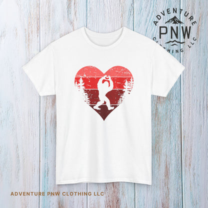 Bigfoot Valentine Shirt –Adventure Retro Heart Gesture Tee