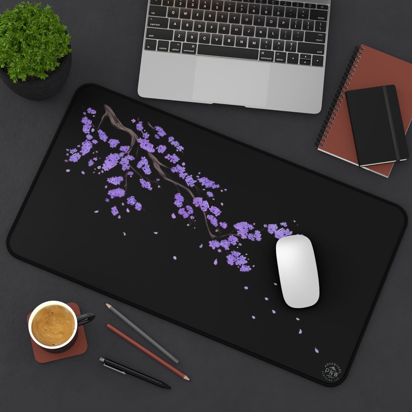 Kawaii Purple Desk Mat Black for Nature Lover, Cute Desk Pad, Office Decor, Mouse Pad, Gift for Coworker, Floral Mouse Mat, Gift for Gamer