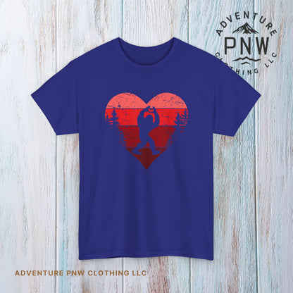 Retro Valentines Day Bigfoot T-Shirt, Sasquatch Love with Heart Hand Gesture, Funny Romantic Gift for Him or Her, Valentines Day Apparel,