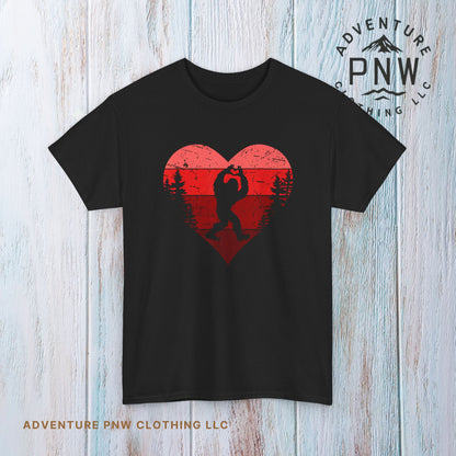 Retro Valentines Day Bigfoot T-Shirt, Sasquatch Love with Heart Hand Gesture, Funny Romantic Gift for Him or Her, Valentines Day Apparel,