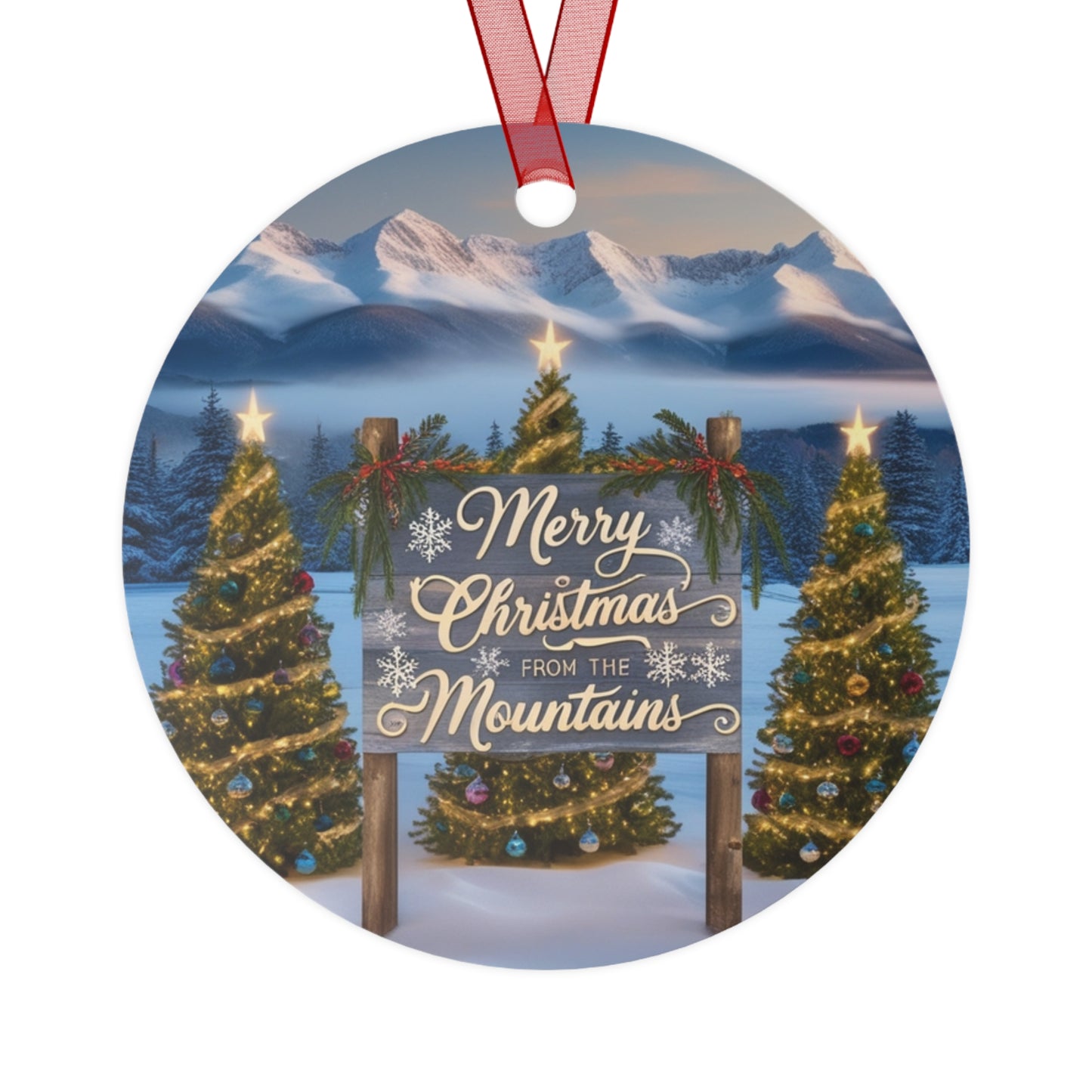 Merry Christmas From Mountains Ornaments |Christmas Adventure Metal Ornaments