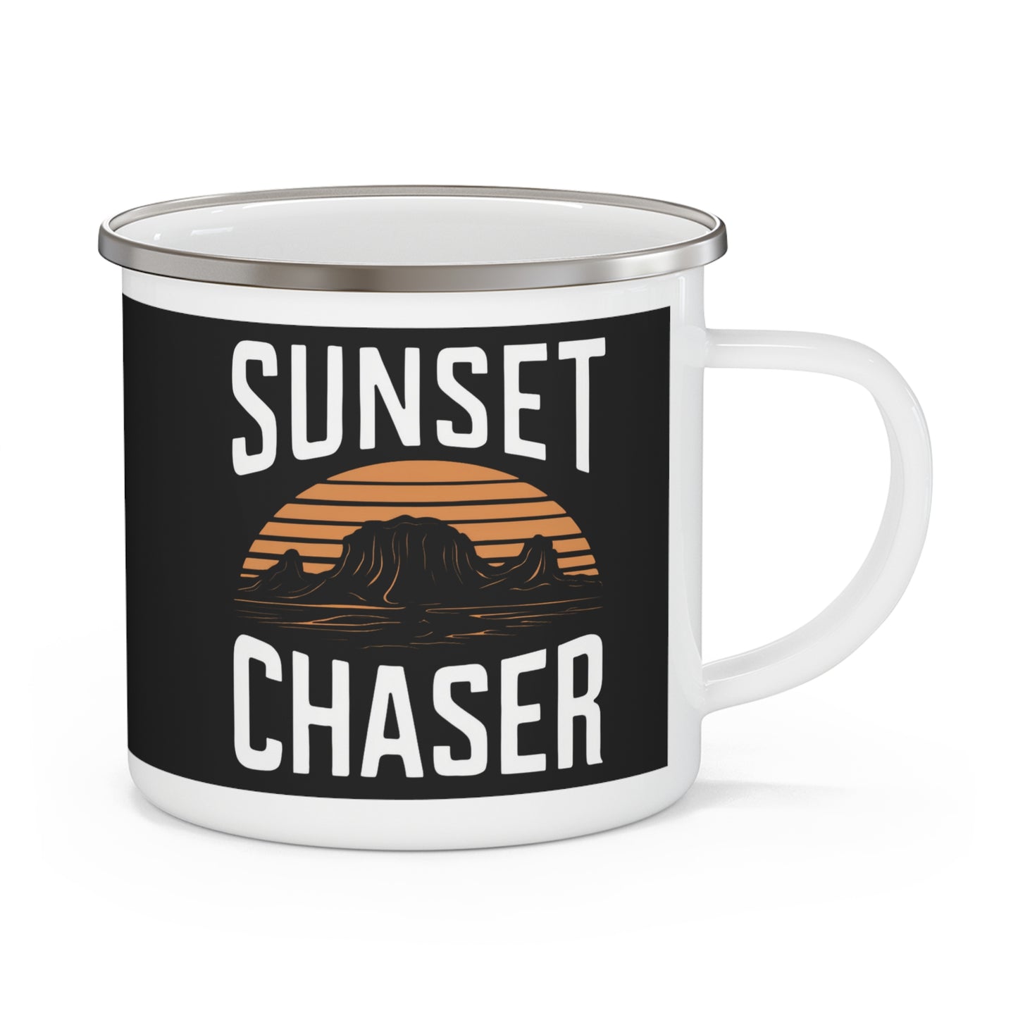 Sunset Chaser Enamel Camping Mug, Outdoor Adventure Hiking Cup, Campfire Travel Mug, Wilderness Explorer Gift, Nature Lover Drinkware,