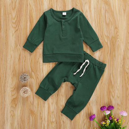 Children's Clothing Autumn And Winter Amazon Foreign Trade Explosion Models Baby Children Round Neck Solid Color Long Sleeve Two-piece suit