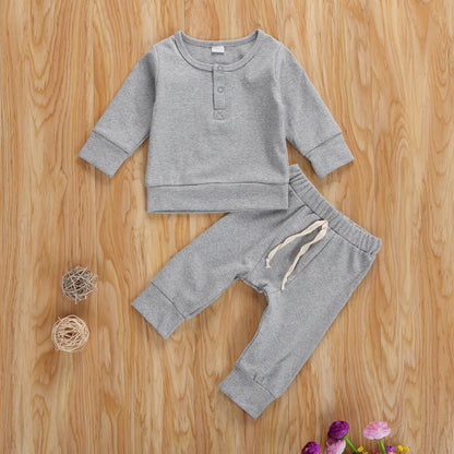 Children's Clothing Autumn And Winter Amazon Foreign Trade Explosion Models Baby Children Round Neck Solid Color Long Sleeve Two-piece suit