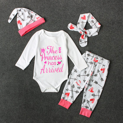 Girls Pink Letters Long-sleeved One-piece Romper Four-piece Children's Clothing