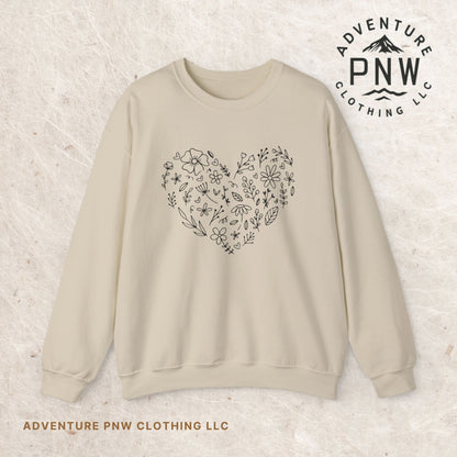 Floral Heart Sweatshirt, Boho Flower Heart Design Sweatshirt, Cute Nature Lover Sweatshirt, Botanical T-Shirt, Valentine's Day Gift for Her