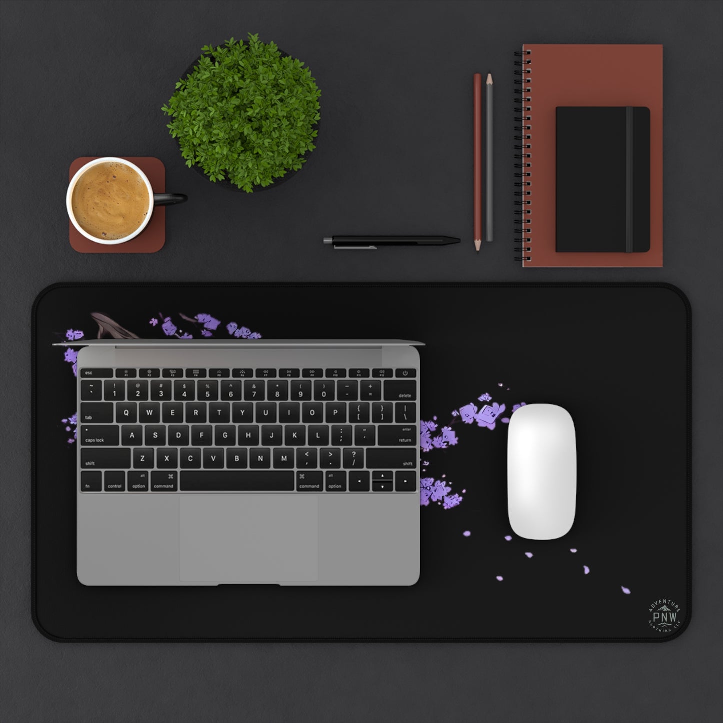 Kawaii Purple Desk Mat Black for Nature Lover, Cute Desk Pad, Office Decor, Mouse Pad, Gift for Coworker, Floral Mouse Mat, Gift for Gamer