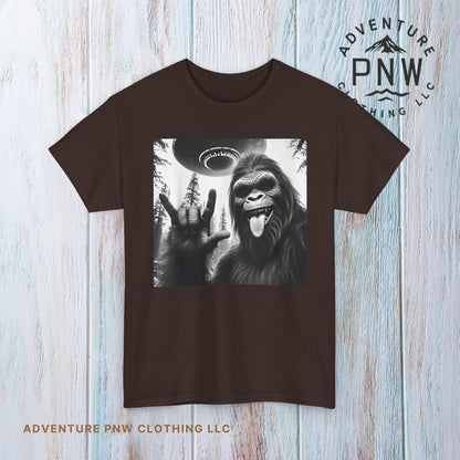Bigfoot UFO Selfie Unisex Tee, Funny Sasquatch Valentines Day Shirt, Hilarious Outdoor Gift for Him, Her, Rock On T-Shirt, Unisex Heavy