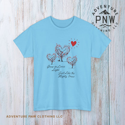 Grow in Love's Light Tree Heart T-Shirt, Outdoors Campers Top, Forest, Nature Lovers Gift, Love Shirt, Valentines day unisex Tshirt