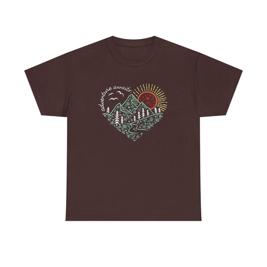 Adventure Awaits Unisex Tee, Mountain Hiker Nature Camping Shirt, Gift for Vacation, Outdoor Enthusiast Apparel, Wilderness Explorer Top