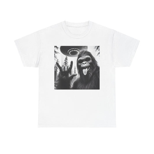 Bigfoot UFO Selfie Unisex Tee, Funny Sasquatch Valentines Day Shirt, Hilarious Outdoor Gift for Him, Her, Rock On T-Shirt, Unisex Heavy