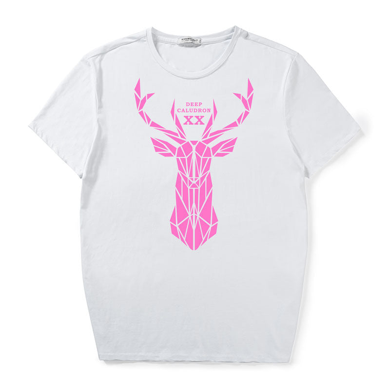 Loose And Fat Men's Pink Deer Head Printed Short Sleeve T-shirt