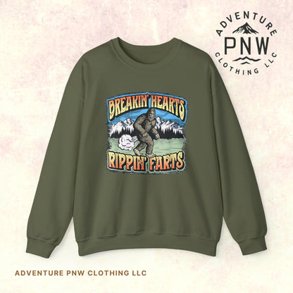 Adventure Breakin’ Hearts Rippin’ Farts Bigfoot 80s Sweatshirt