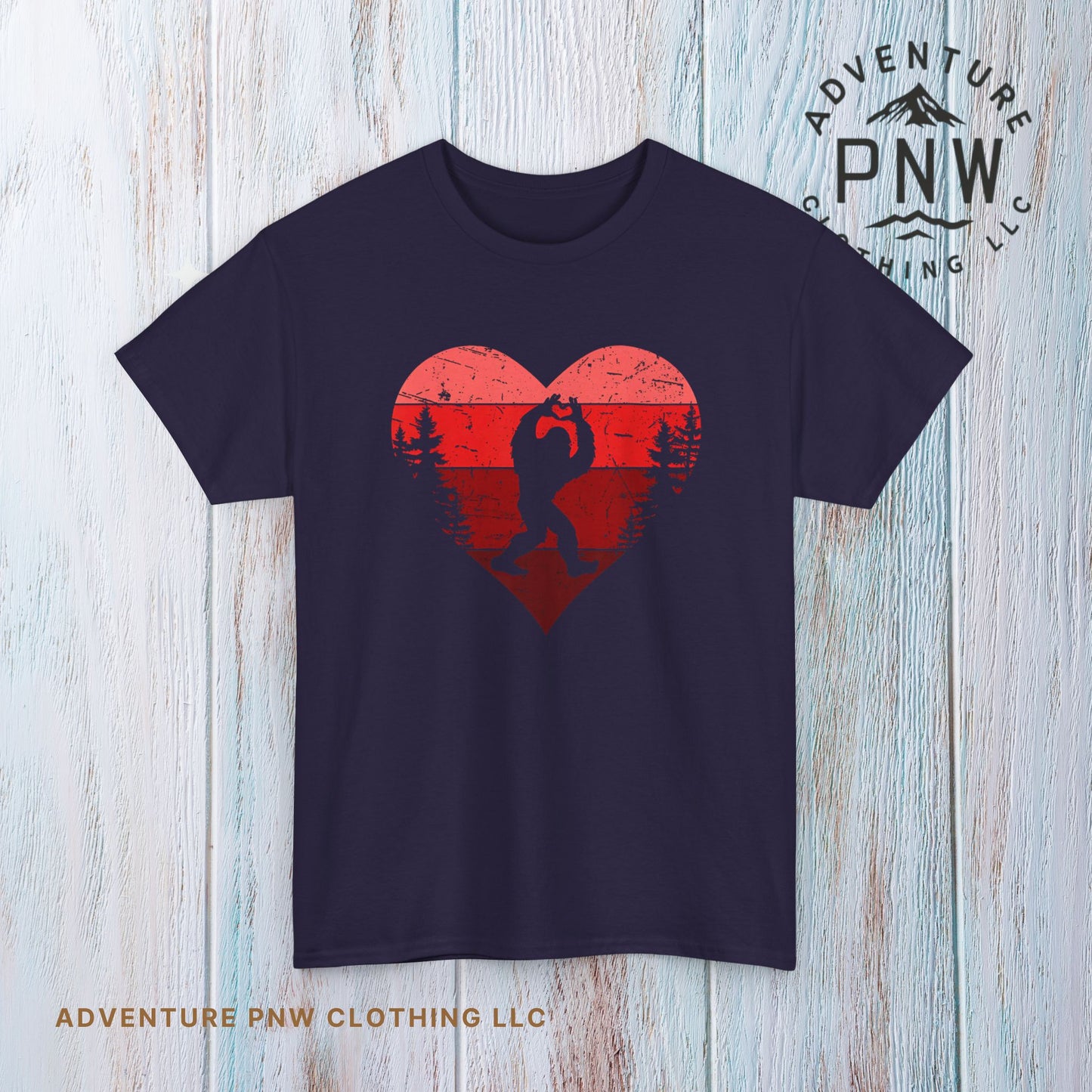 Bigfoot Valentine Shirt –Adventure Retro Heart Gesture Tee