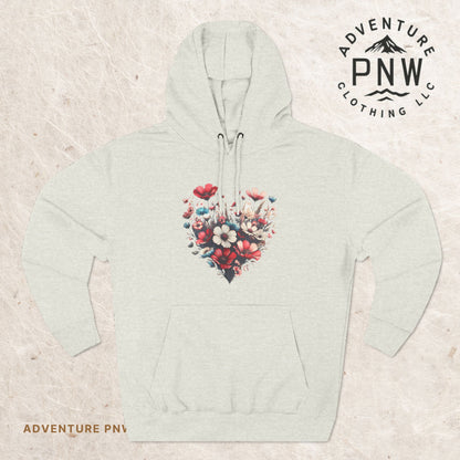 Floral Graphic Hoodie, Heart Shaped Flowers Fleece Hoodie - Botanical Garden Lover Gift, Romantic Nature Print Apparel, Spring Blossoms Top,