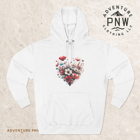 Floral Graphic Hoodie, Heart Shaped Flowers Fleece Hoodie - Botanical Garden Lover Gift, Romantic Nature Print Apparel, Spring Blossoms Top,