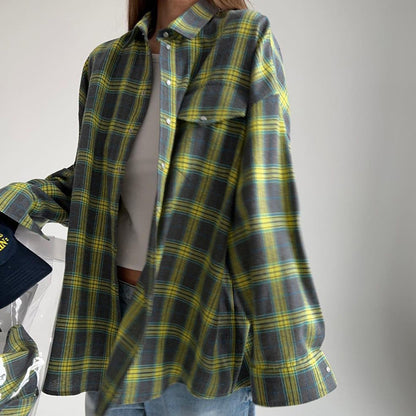 Retro Lapels Loose Shirt Plaid Long Sleeve Pocket Women's Shirt