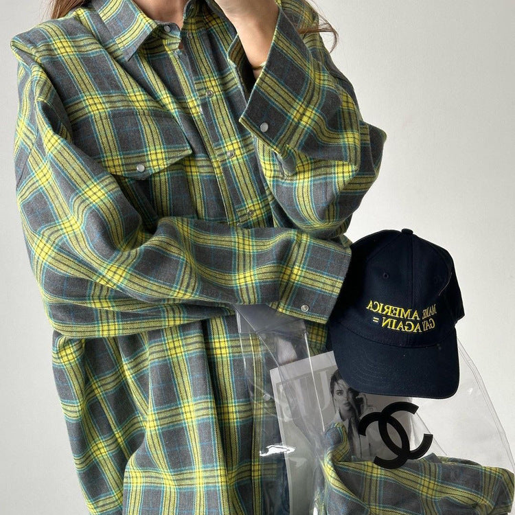 Retro Lapels Loose Shirt Plaid Long Sleeve Pocket Women's Shirt